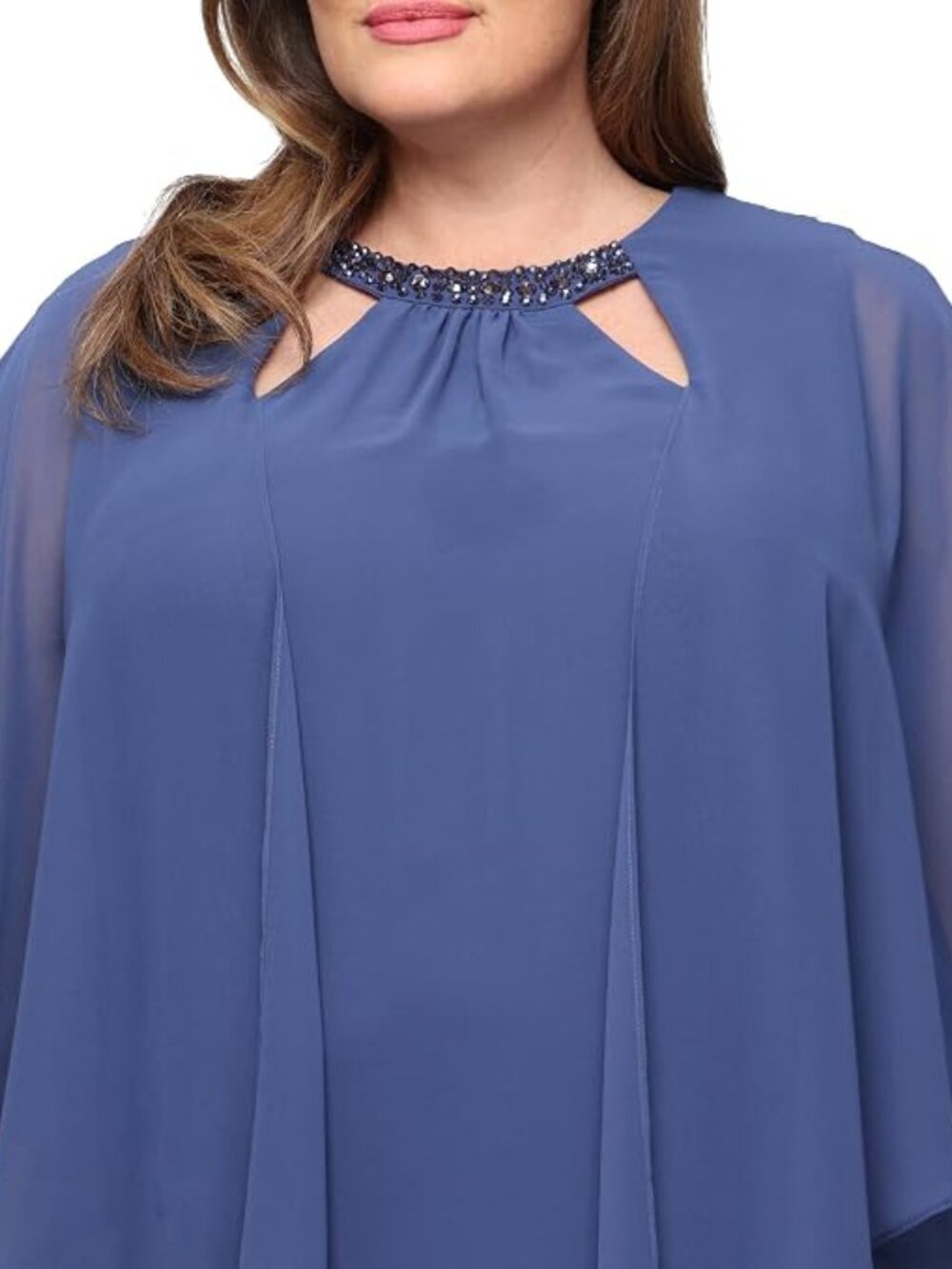 ✨ NWT S.L. Fashions Blue Chiffon Cape Dress Beaded Neck Petite 6 Mother Wedding - Picture 2 of 6